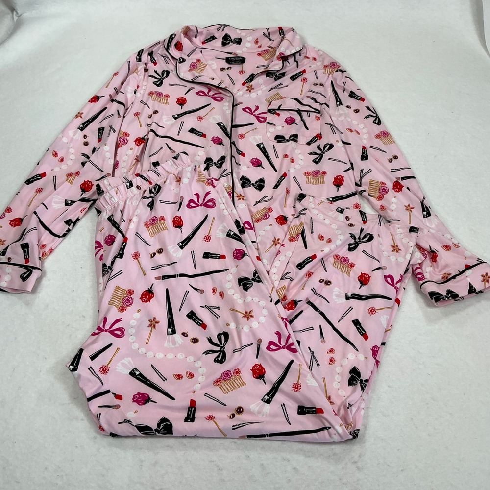 Kate Spade Pink Makeup Print Pajama Set XL Long Sleeve Button Top Pants PJ Set